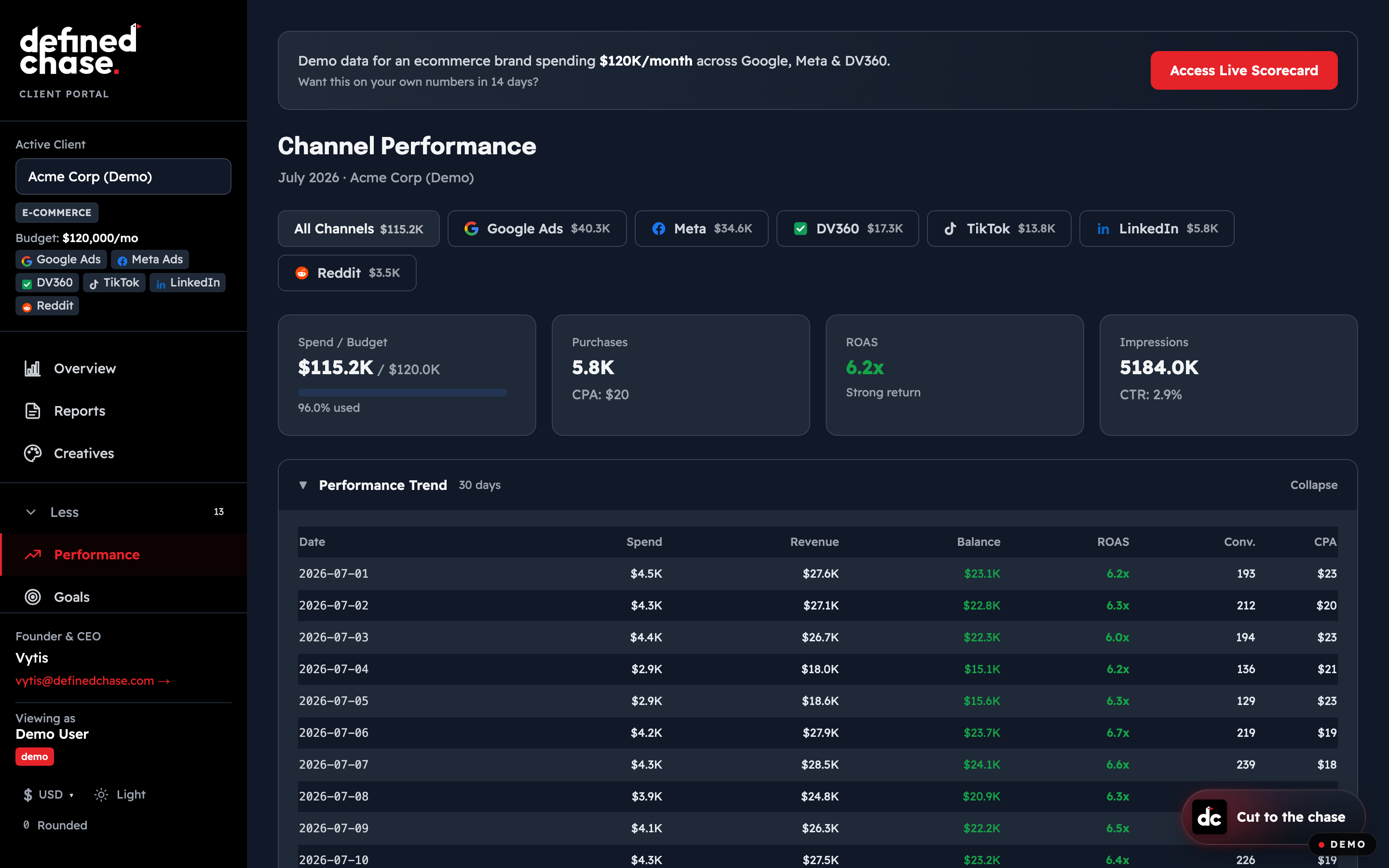 Channel performance table with per-channel spend and ROAS and a daily performance trend